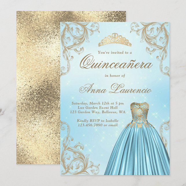 Invitación Quinceanera De Oro Azul Y Ligero Bebé (Anverso / Reverso)