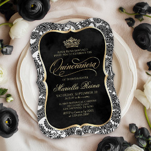 Invitación Quinceañera de oro blanco negro