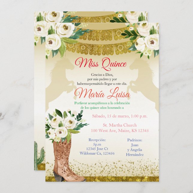 Invitación Quinceañera de oro blanco Señorita Mexicana Quince (Anverso / Reverso)