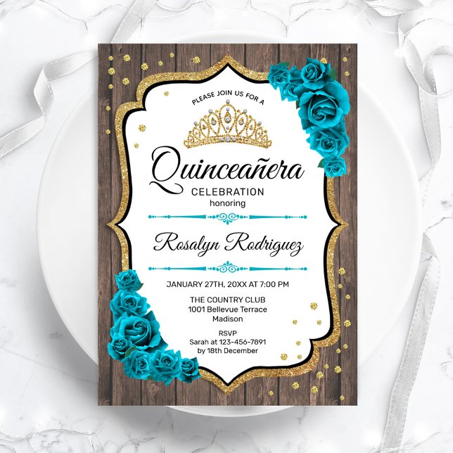 Invitación Quinceanera de oro blanco Verde azulado de madera  (Subido por el creador)