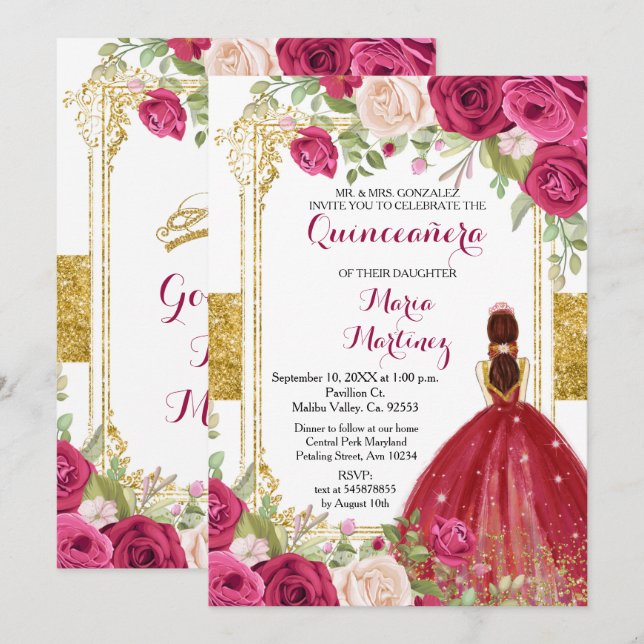 Invitación Quinceanera de Oro con Flores Rojas Roj (Anverso / Reverso)