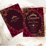 Invitación Quinceanera de oro de Borgoña<br><div class="desc">Invitación a la celebración de Borgoña y Oro Quinceanera. Características,  letra de guión,  mariposas doradas,  rosas de acuarela y tiara. Perfecto para una elegante celebración de glam al estilo de la princesa. Personaliza con tus propios detalles. Invitaciones Zazzle impresas o una plantilla imprimible digital de descarga instantánea.</div>