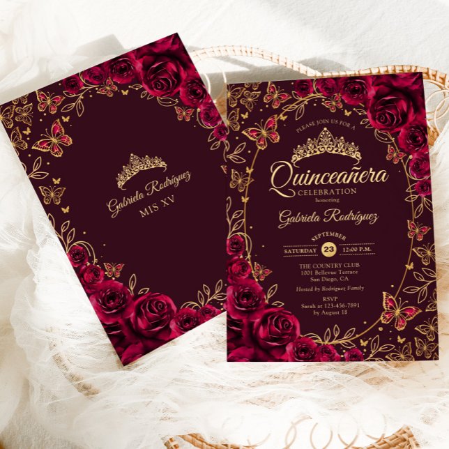 Invitación Quinceanera de oro de Borgoña (Subido por el creador)