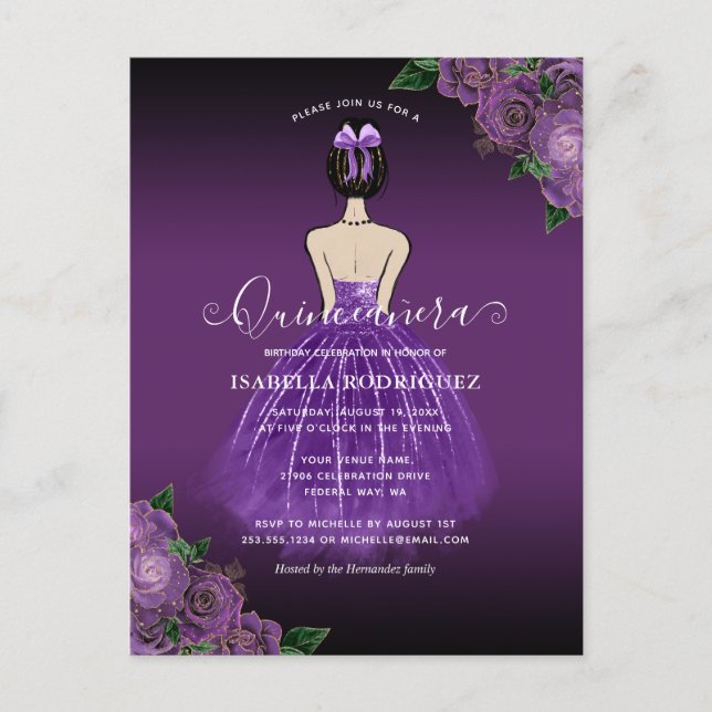 Invitación Quinceañera de oro de princesa púrpura  (Anverso)
