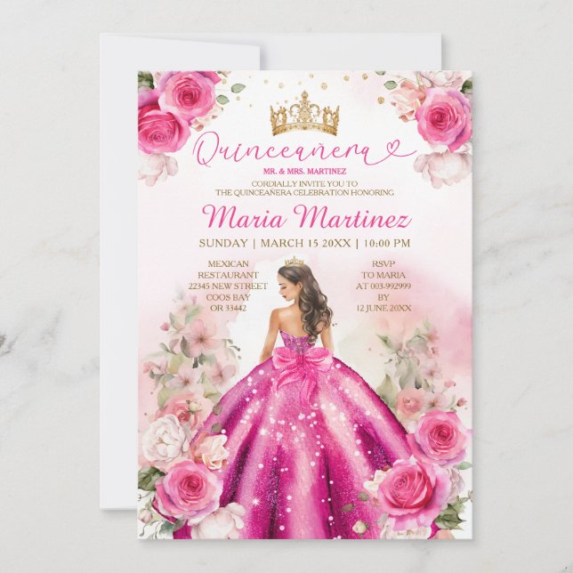 Invitación Quinceañera de oro floral de la princesa rosa de F (Anverso)