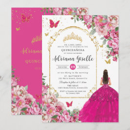 Invitación Quinceañera de oro floral rosa de fucsia 16 XV