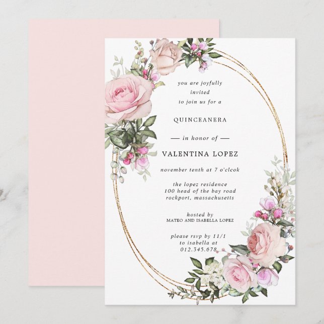 Invitación Quinceanera de oro floral rosa de Rubor (Anverso / Reverso)