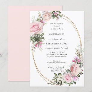 Invitación Quinceanera de oro floral rosa de Rubor
