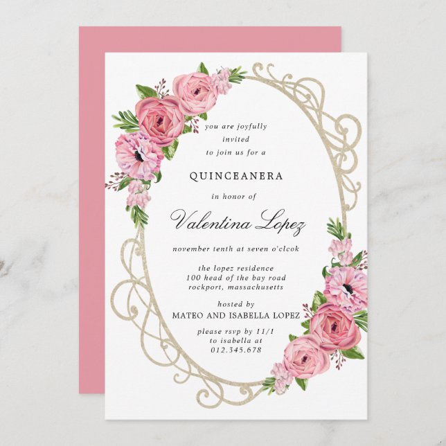 Invitación Quinceanera de oro floral rosa rosa (Anverso / Reverso)