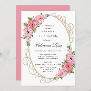 Invitación Quinceanera de oro floral rosa rosa
