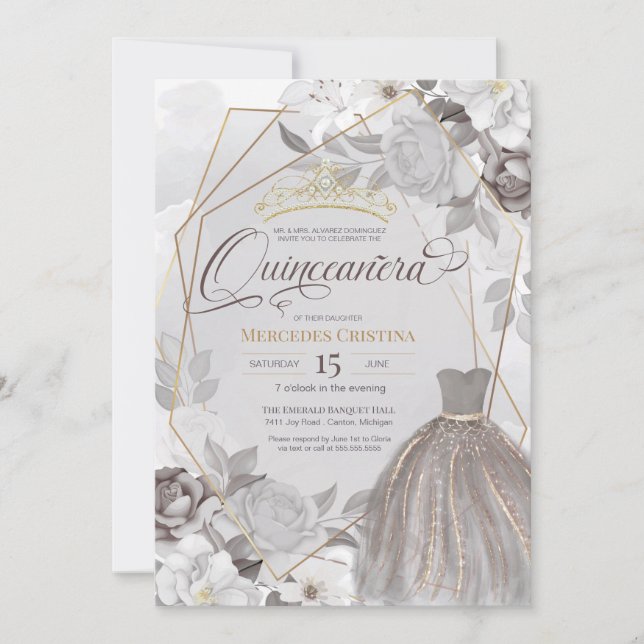 Invitación Quinceañera de oro gris plateado de Tiara y gown (Anverso)