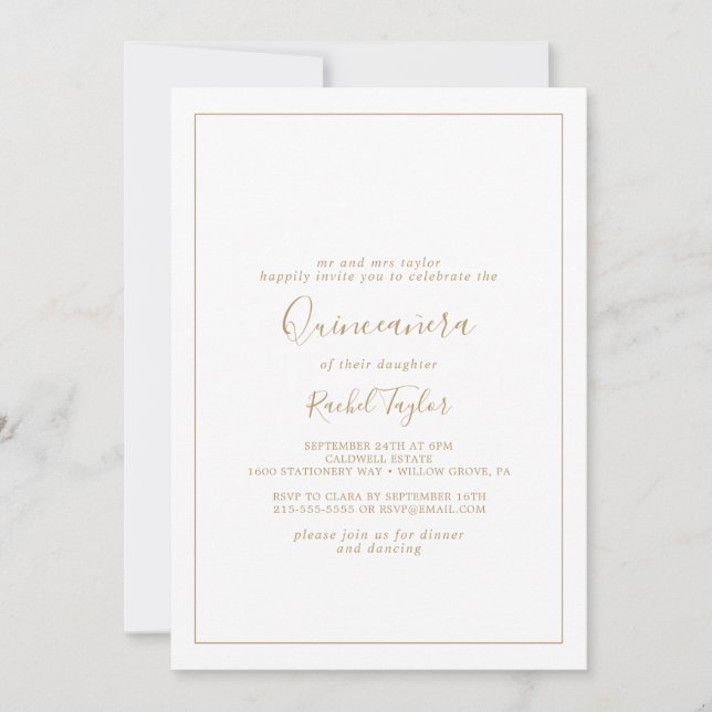 Invitación Quinceañera de oro minimalista (Anverso)