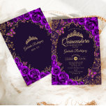Invitación Quinceanera de oro morado<br><div class="desc">Invitación a la celebración de Quinceanera púrpura y dorada. Características,  letra de guión,  mariposas doradas,  rosas de acuarela y tiara. Perfecto para una elegante celebración de glam al estilo de la princesa. Personaliza con tus propios detalles. Invitaciones Zazzle impresas o una plantilla imprimible digital de descarga instantánea.</div>