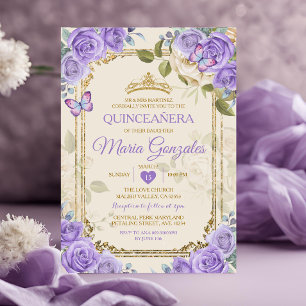 Invitación Quinceañera de oro Morado Corona Mariposa Mexicana