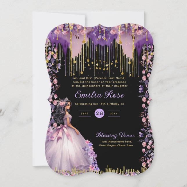 Invitación Quinceanera de oro morado de Rosas florales (Anverso)