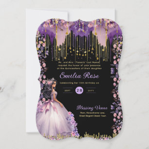 Invitación Quinceanera de oro morado de Rosas florales
