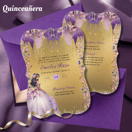 Invitación Quinceanera de oro morado de Rosas florales
