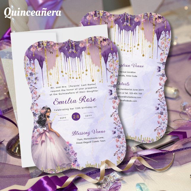 Invitación Quinceanera de oro morado de Rosas florales (Subido por el creador)