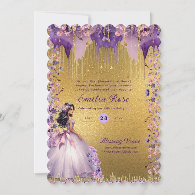 Invitación Quinceanera de oro morado de Rosas florales (Anverso)
