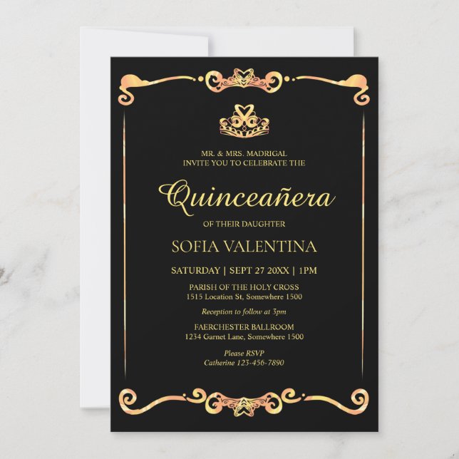 Invitación Quinceanera de oro negro clásico (Anverso)