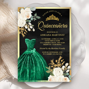 Invitación Quinceanera de oro negro con bata verde esmeralda