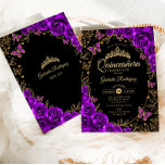 Invitación Quinceanera de oro negro púrpura<br><div class="desc">Invitación a la celebración de Quinceanera en negro,  morado y dorado. Características,  letra de guión,  mariposas doradas,  rosas de acuarela y tiara. Perfecto para una elegante celebración de glam al estilo de la princesa. Personaliza con tus propios detalles. Invitaciones Zazzle impresas o una plantilla imprimible digital de descarga instantánea.</div>