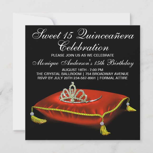 Invitación Quinceanera de oro negro rojo (Anverso)