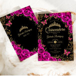 Invitación Quinceanera de oro negro rosado de Fuchsia<br><div class="desc">Invitación a la celebración de Quinceanera rosa, negro y dorado de Fuchsia. Características, letra de guión, mariposas doradas, rosas de acuarela y tiara. Perfecto para una elegante celebración de glam al estilo de la princesa. Personaliza con tus propios detalles. Invitaciones Zazzle impresas o una plantilla imprimible digital de descarga instantánea....</div>