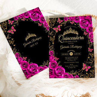 Invitación Quinceanera de oro negro rosado de Fuchsia