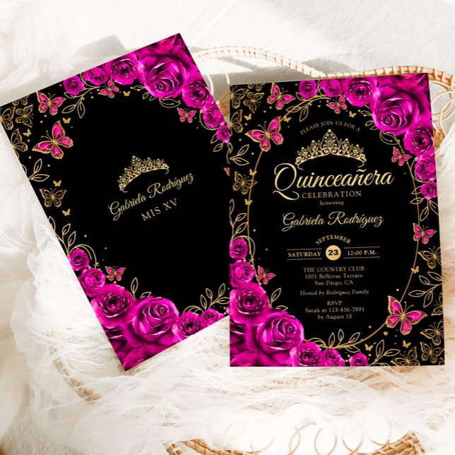 Invitación Quinceanera de oro negro rosado de Fuchsia (Subido por el creador)