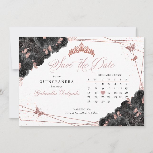 Invitación Quinceañera de oro negro y Rosa salva la fecha (Anverso)