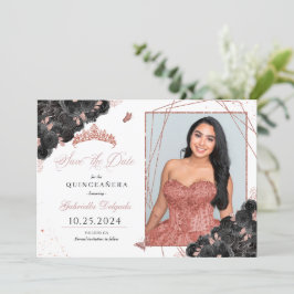 Invitación Quinceañera de oro negro y Rosa salva la foto de l