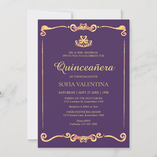 Invitación Quinceanera de oro púrpura clásico (Anverso)