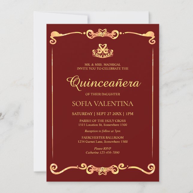 Invitación Quinceanera de oro rojo clásico (Anverso)