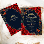 Invitación Quinceanera de oro rojo de la marina<br><div class="desc">Invitación a la celebración de Quinceanera azul marino,  rojo y oro. Características,  letra de guión,  mariposas doradas,  rosas rojas acuarelas y tiara. Perfecto para una elegante celebración de glam al estilo de la princesa. Personaliza con tus propios detalles. Invitaciones Zazzle impresas o una plantilla imprimible digital de descarga instantánea.</div>