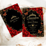 Invitación Quinceanera de oro rojo negro<br><div class="desc">Invitación a la celebración de Quinceanera en negro,  rojo y oro. Características,  letra de guión,  mariposas doradas,  rosas de acuarela y tiara. Perfecto para una elegante celebración de glam al estilo de la princesa. Personaliza con tus propios detalles. Invitaciones Zazzle impresas o una plantilla imprimible digital de descarga instantánea.</div>