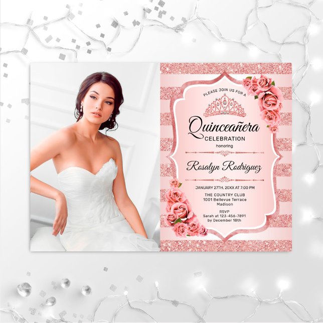 Invitación Quinceanera de oro Rosa con foto (Subido por el creador)