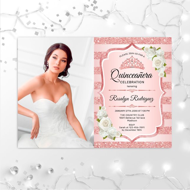 Invitación Quinceanera de oro Rosa con foto - rosas blancas (Subido por el creador)