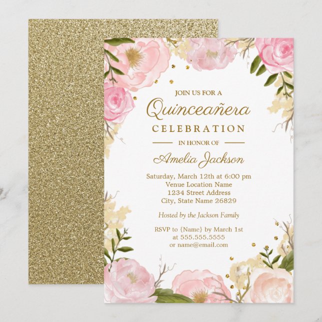 Invitación Quinceanera de oro rosa floral espumoso (Anverso / Reverso)