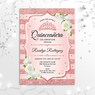 Invitación Quinceanera de oro Rosa - rosas blancas
