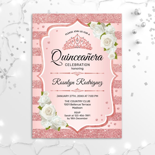 Invitación Quinceanera de oro Rosa - rosas blancas (Subido por el creador)
