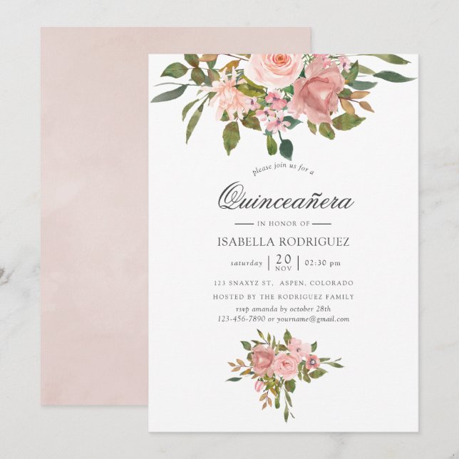 Invitación Quinceañera de oro rosa y Rosa de Rubor (Anverso / Reverso)