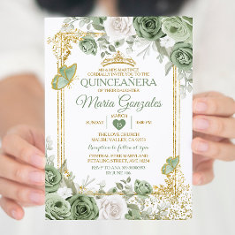Invitación Quinceañera de oro Sage Green Crown Butfly