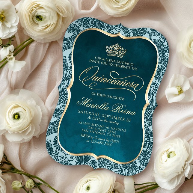 Invitación Quinceañera de oro verde azulado (Subido por el creador)