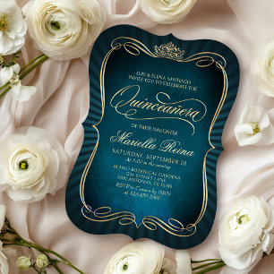 Invitación Quinceañera de oro verde azulado