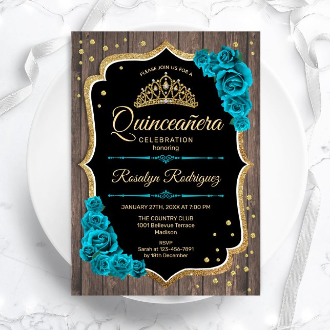 Invitación Quinceanera de oro Verde azulado de madera rusa (Subido por el creador)