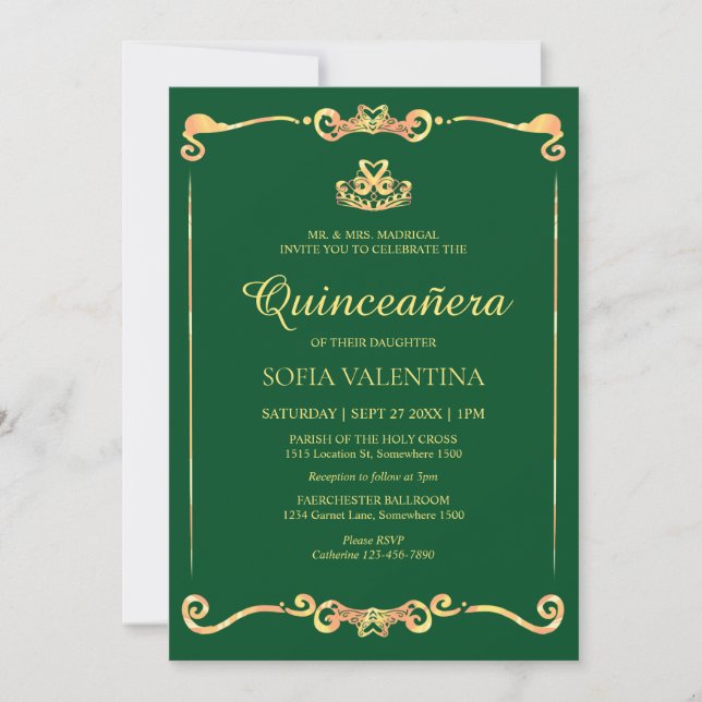 Invitación Quinceanera de oro verde clásico (Anverso)