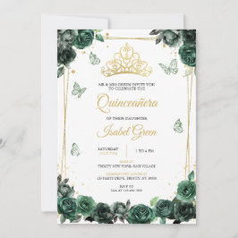 Invitación Quinceañera de oro verde esmeralda
