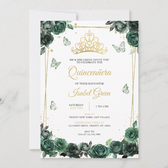 Invitación Quinceañera de oro verde esmeralda (Anverso)