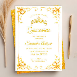 Invitación Quinceanera de oro y blanco de la corona de oro de